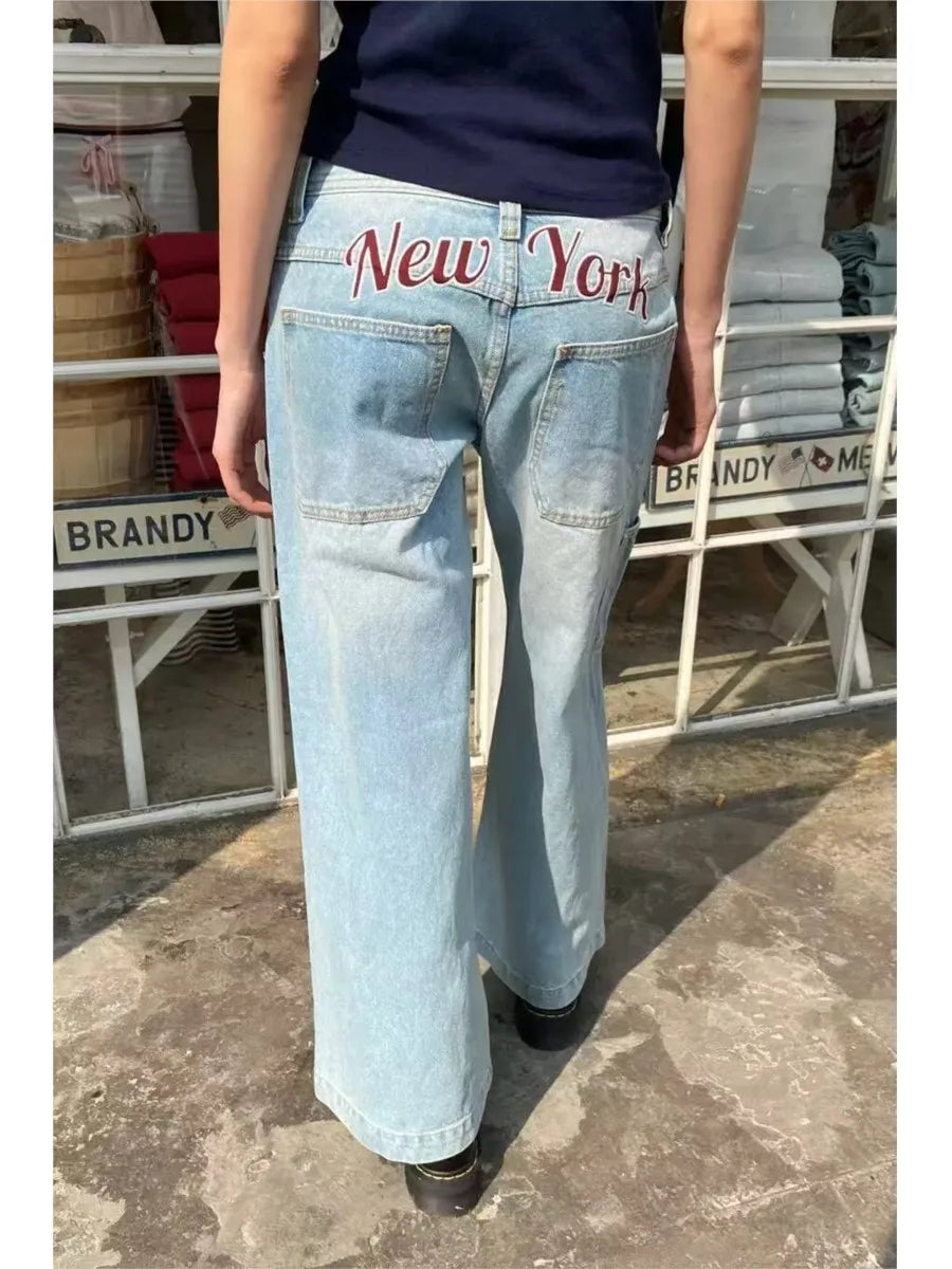 Vintage Back Letter Print Jeans Women Summer High Waist Pockets Straight Baggy Trousers Streetwear Loose Retro Y2K Denim Pants