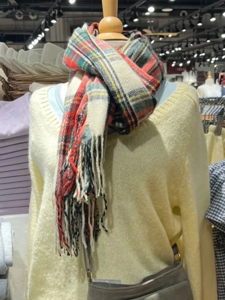 American Vintage Tassel Plaid Knitted Scarf Women Winter Unisex Warm Long Size Casual All-match Preppy Style Scarves Christmas