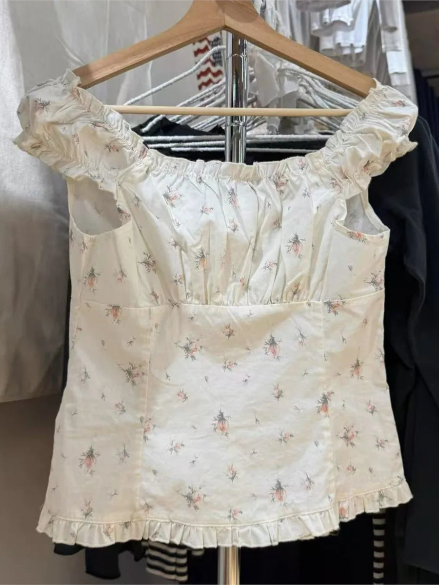 Floral Folds Ruffle Blouse Top Women Summer New Single Breasted Sleeveless Tank Tops Vest Sweet Cute Preppy Style Camisole OOTDS