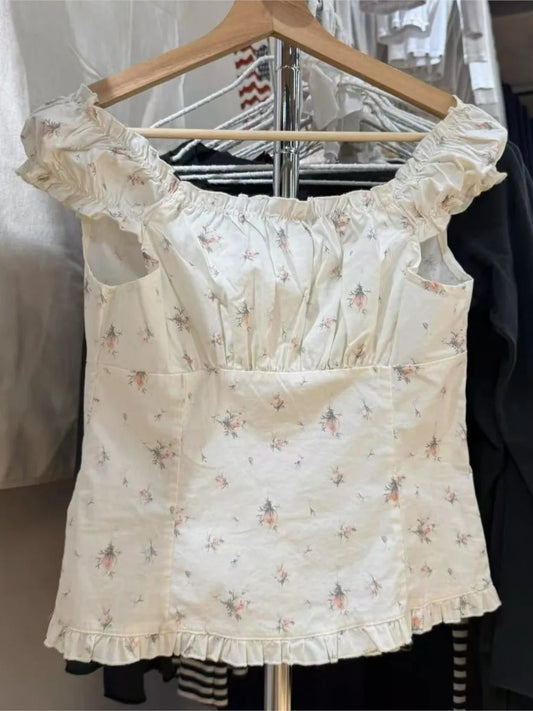 Floral Folds Ruffle Blouse Top Women Summer New Single Breasted Sleeveless Tank Tops Vest Sweet Cute Preppy Style Camisole OOTDS