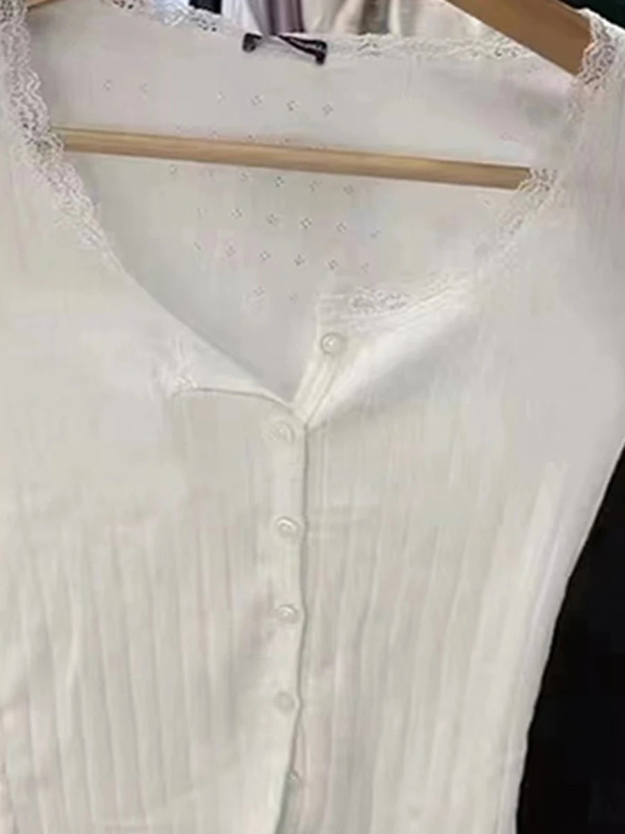 White Ribbed Lace Trim Long Sleeve Tees Women Casual Streetwear Button Hollow Out Tops Female Sweet Cute Harajuku T-shirts Y2K