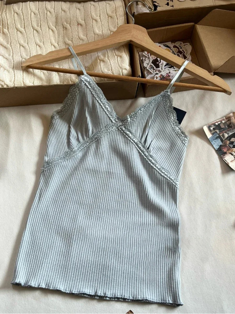 Sweet Lace Trim Blue V-neck Tank Tops Women Summer New Cotton Sleeveless Ribbed Slim Camisole Female Cute Vintage Vests Y2k