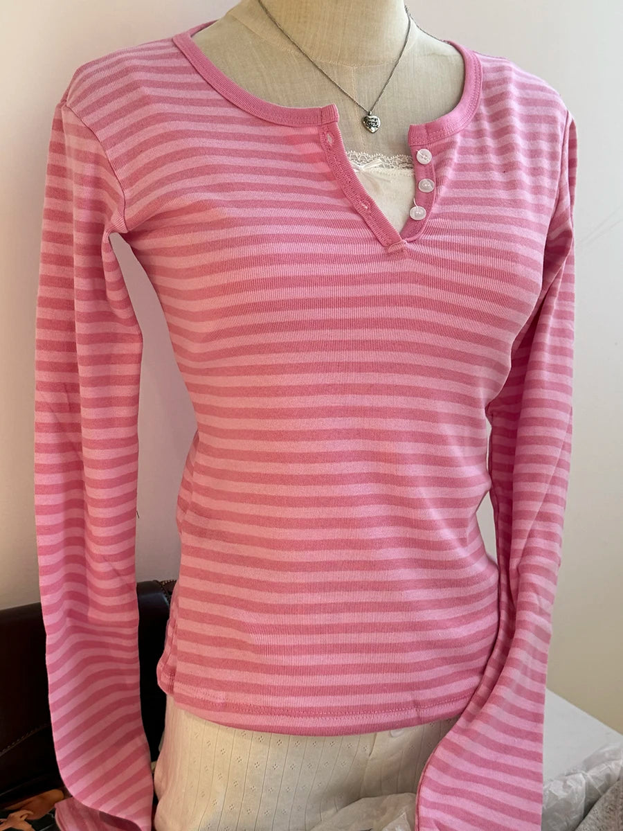 Sweet Pink Gray Striped Long Sleeve Tees Women Autumn Cute Cotton Buttons Slim T Shirt Tops Shoujo Clothes Simple Basic T-shirts