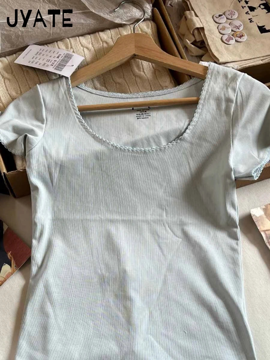 Sweet Lace Trim Pink T-shirts Women Summer New Casual Cotton Soft U-neck Short Sleeve Tees Cute Vintage Preppy Style Tops Y2K