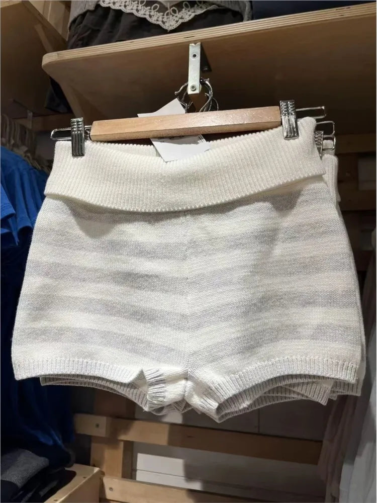Striped Flanging Knit Shorts Women Spring Elastic Waist Cotton Straight Short Pants Sweet Home Underwear Y2K Sweatshorts New