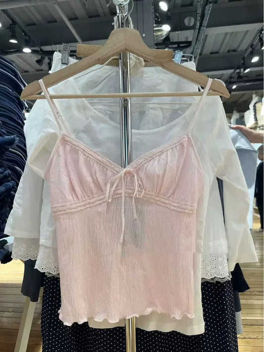 Sweet Pink Folds V-neck Tank Tops Women Summer New Casual Slim Lace-up Sleeveless Vests Cute Preppy Style Simple Camisole
