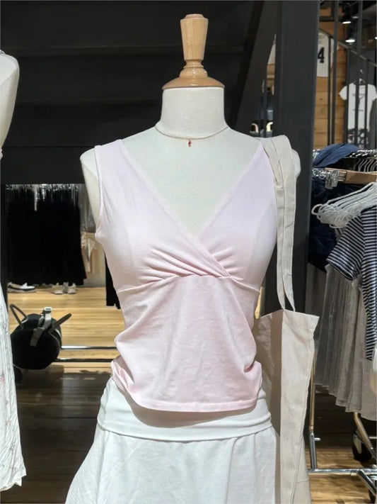 Sweet Pink Slim V-neck Tank Top Women Summer Simple Cotton Sleeveless Camisole Female Casual Preppy Style Basic Y2k Crop Vests