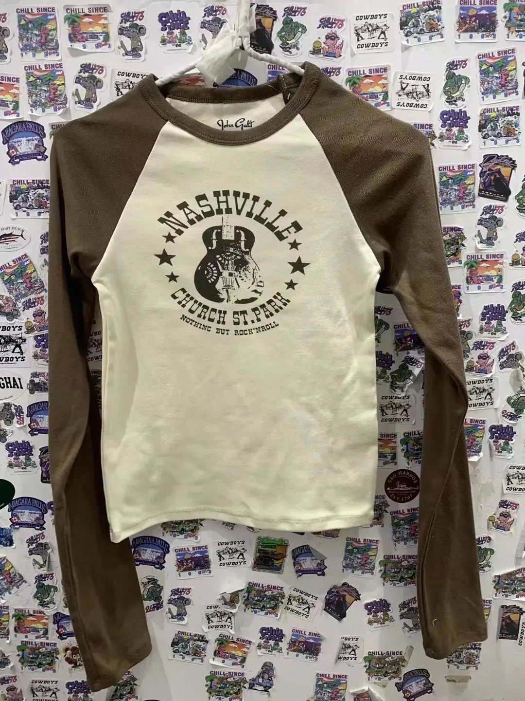 American Rock Graphic Long Sleeve T-shirts Women Autumn New Vintage Print Cotton Ribbed T Shirt Female Retro Chic Slim Y2k Tops