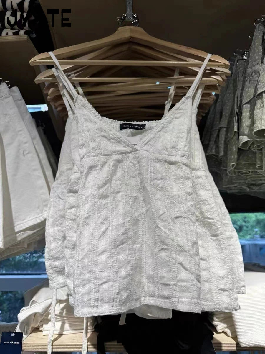 White Eyelet Back Lace-up Tank Tops Women New Simple Cotton Causal V-neck Sexy Sleeveless Vests Sweet Slim Cropped Camisole Y2K
