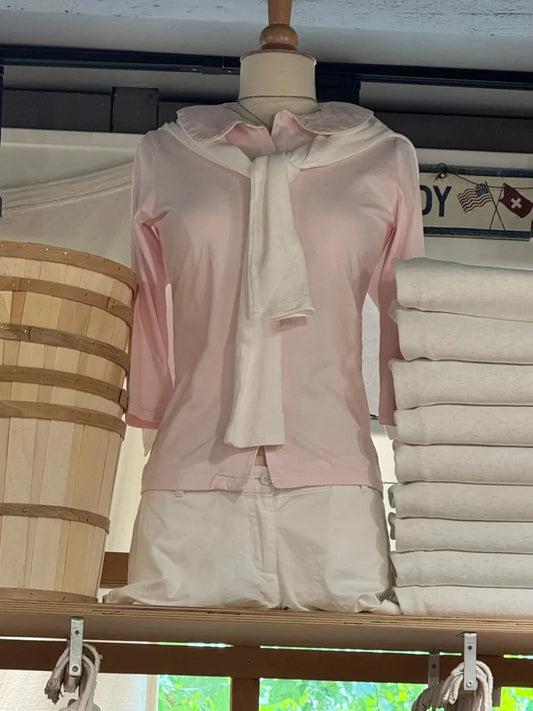 Sweet Pink Button Doll Tops Women Summer New Cotton Casual Turn-down Collar Half Sleeve Tees Female Preppy Style T-shirts Y2K
