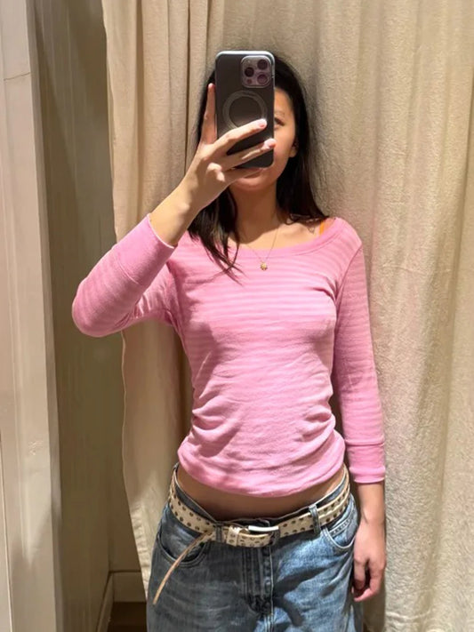 Rose Pink Striped T-shirts Women Casual Streetwear U Collar Slim Cotton Three Quarter Tees Sweet Cute Preppy Style Tshirt Y2K
