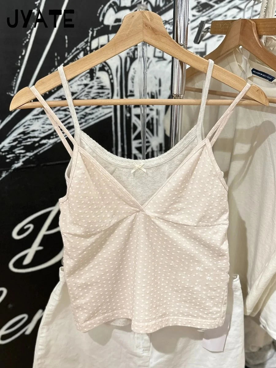 Heart Print Pink Sexy V-neck Tank Tops Women Summer Cotton Soft Preppy Slim Sleeveless Cropped Vests Sweet Cute Vintage Camisole