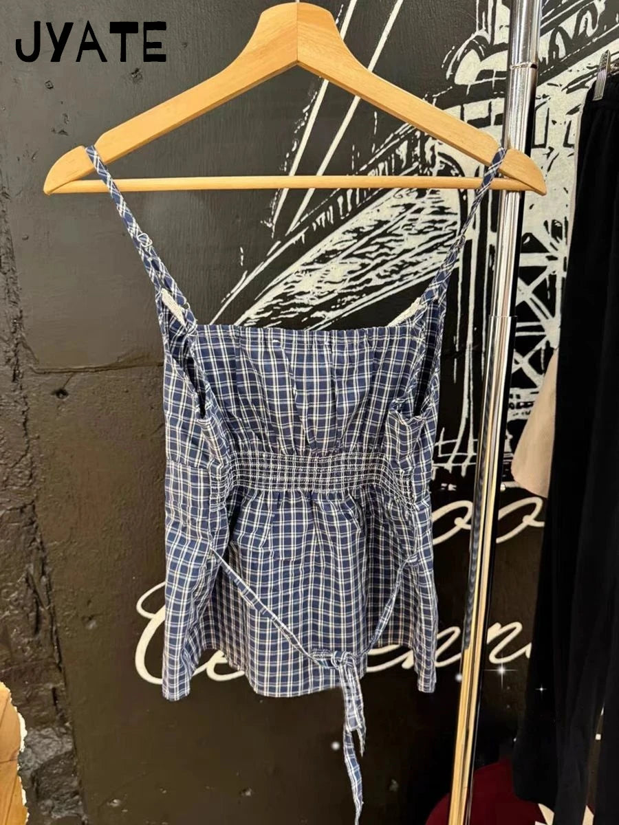Retro White Lace Trim Blue Plaid Tank Tops Women New Buttons Back Lace-up Sleeveless Vests Vintage Chic Sweet Blouse Camis Y2K