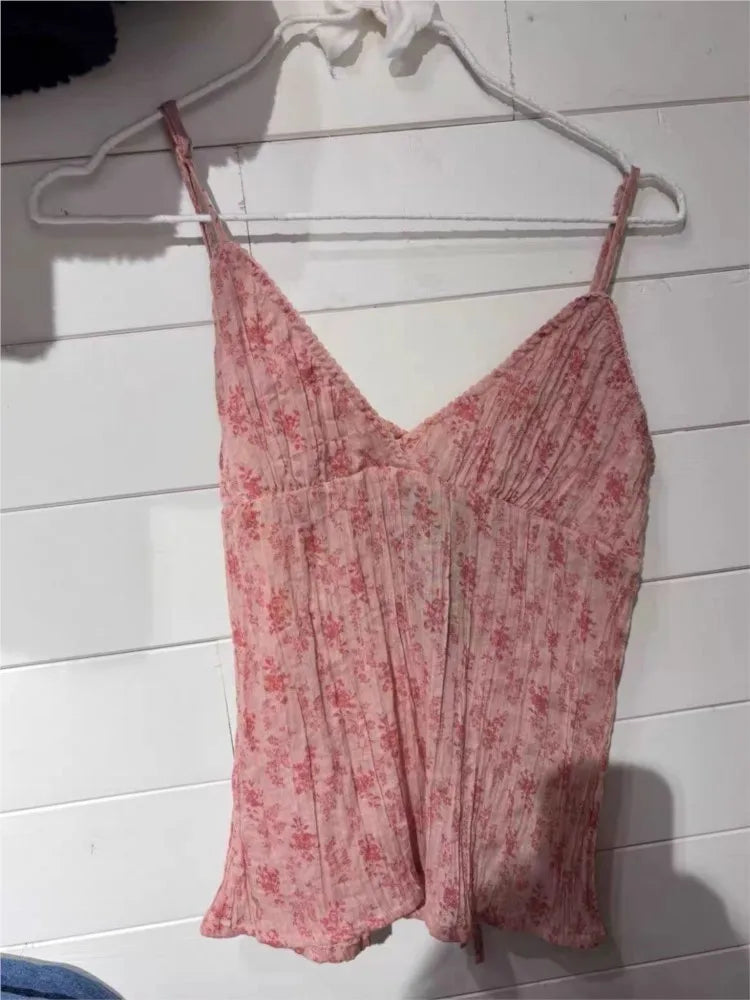 Floral Folds Deep V-neck Camisole Women Y2K Chic Lace Trim Slim Backless Vest Evening Camis Vintage Sweet Preppy Style Tank Tops