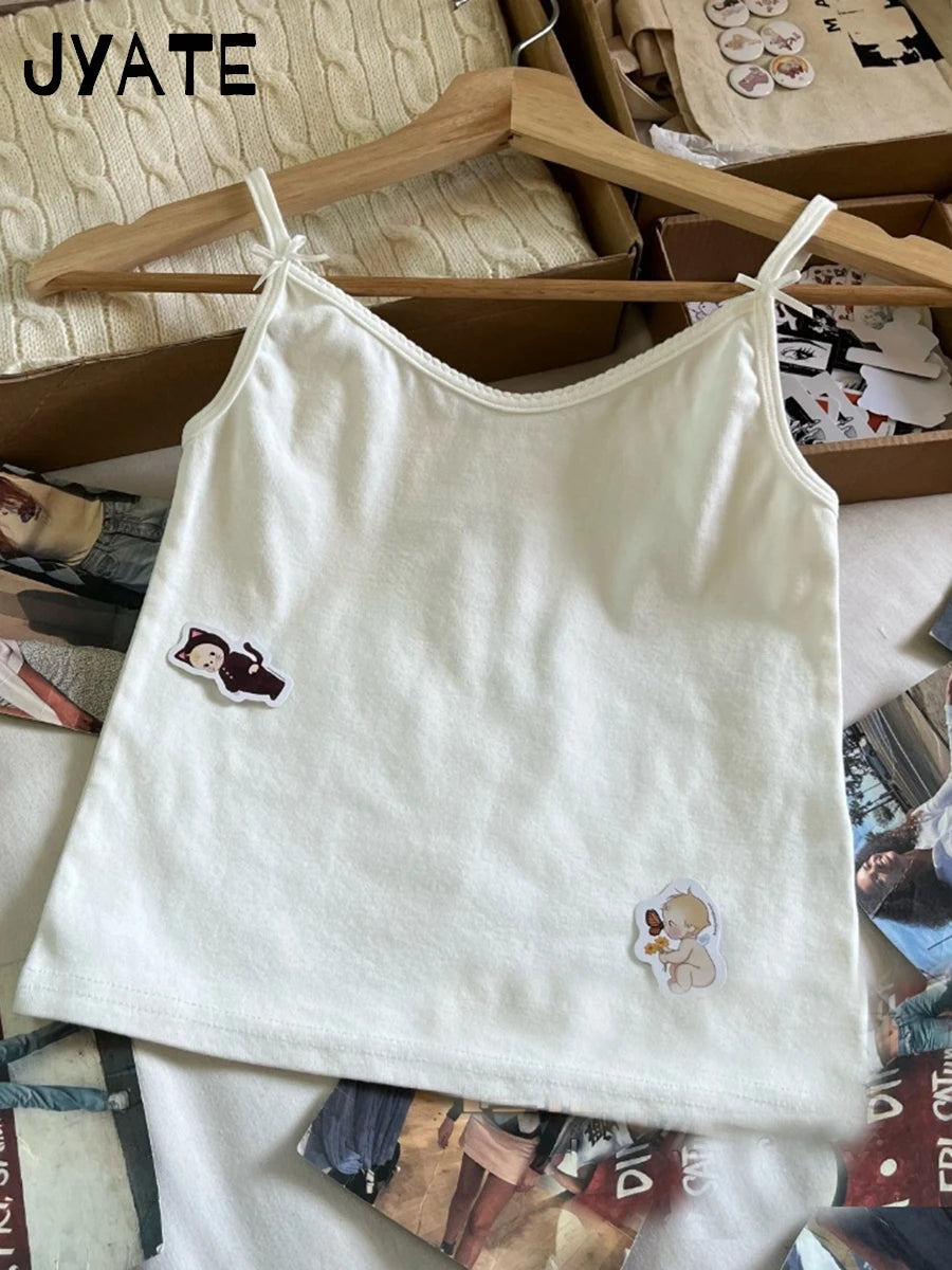 Sweet Bow Lace Trim Camisole Women Summer New Cotton Chic Casual Slim Preppy Style Cropped Vest Vintage Cute Basic Tank Tops Y2K