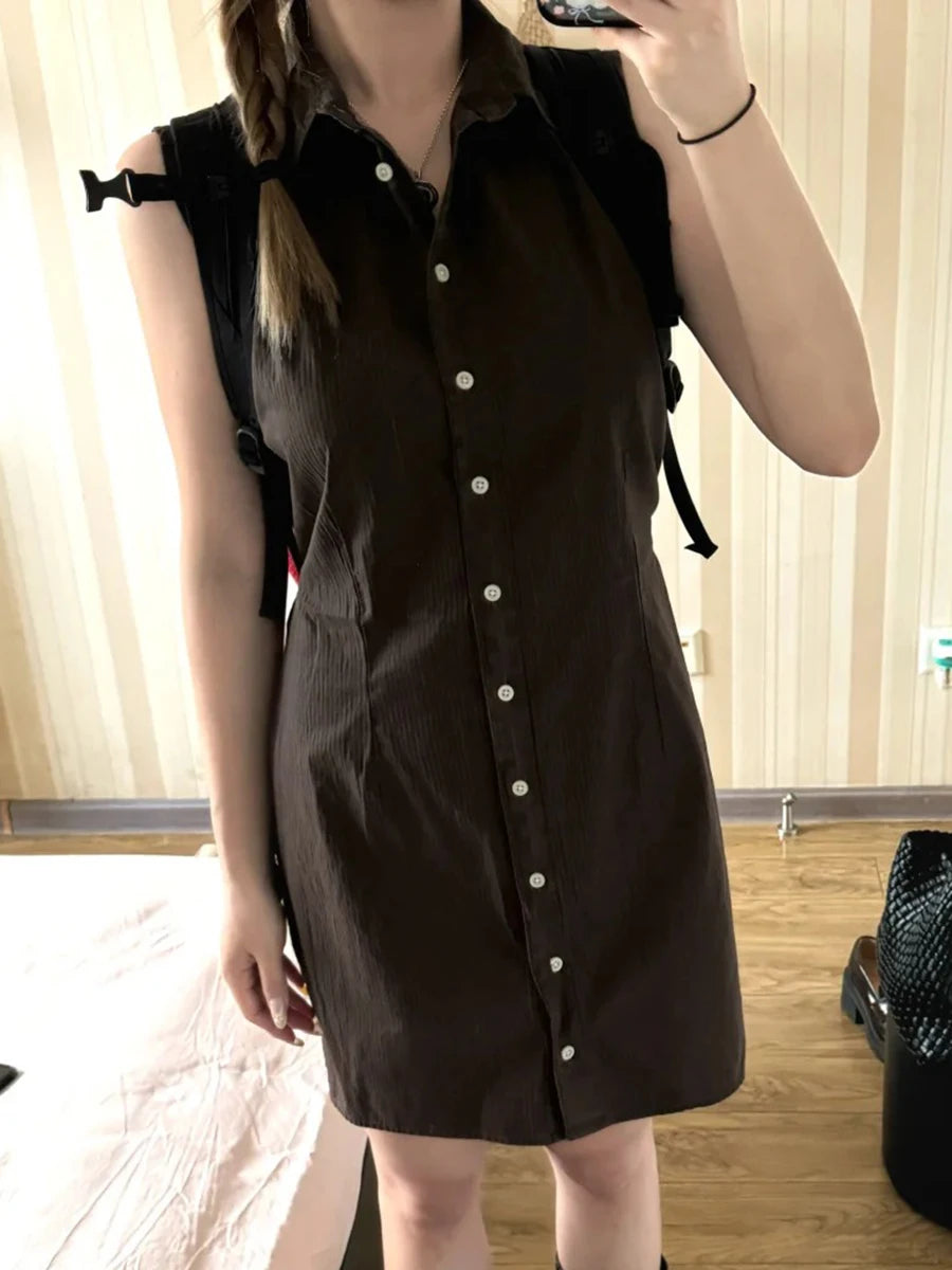 Coffee Striped Mini Blouse Dress Women New Cotton Turn-down Collar Single Breasted Short Vestidos Y2K Sweet Preppy Style Dresses
