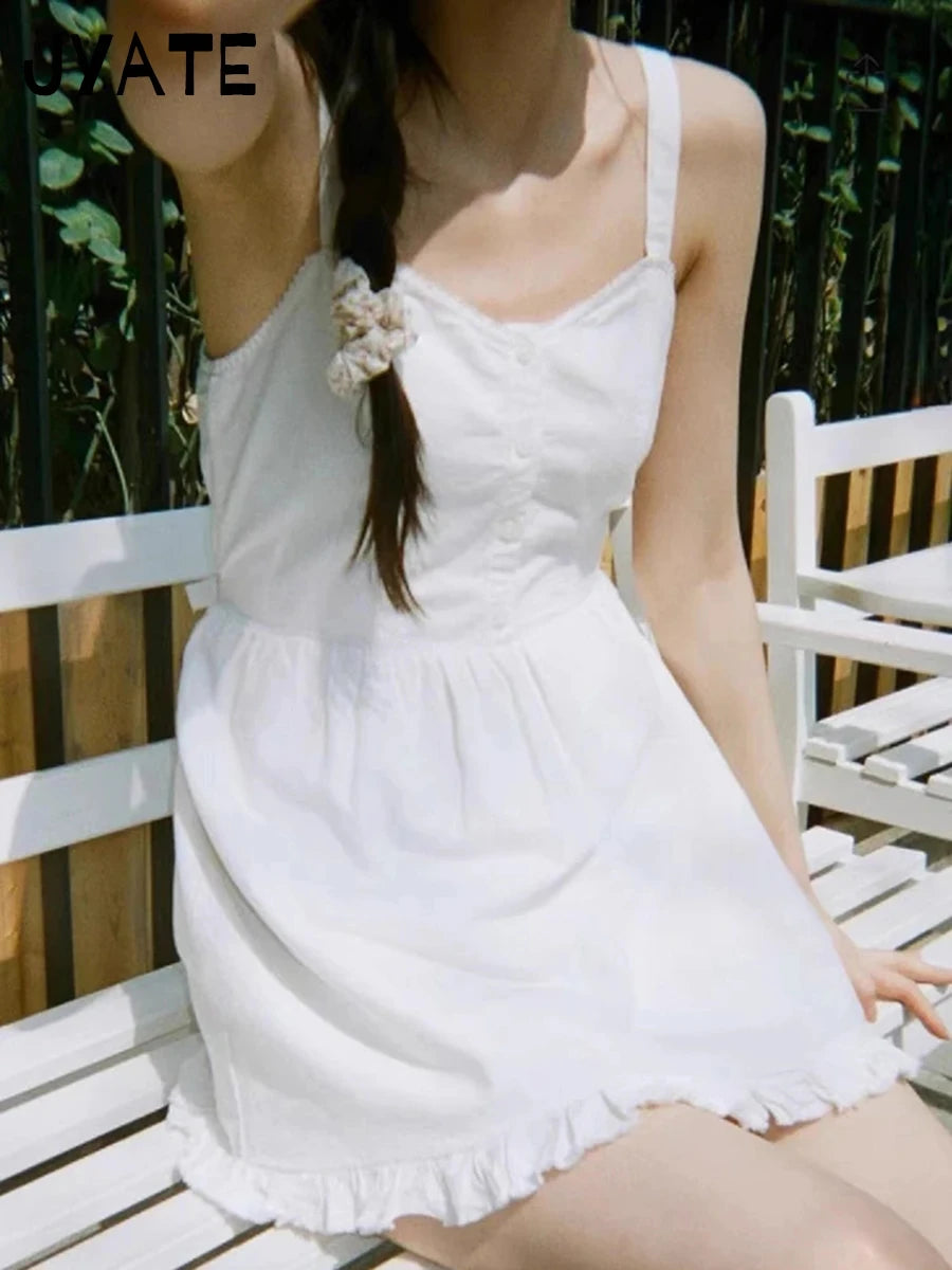 Sweet White Folds Texture Camisole Dress Women Cotton High Quality A-line Vestidos Summer Vintage Chic Slim Y2K Mini Dresses New