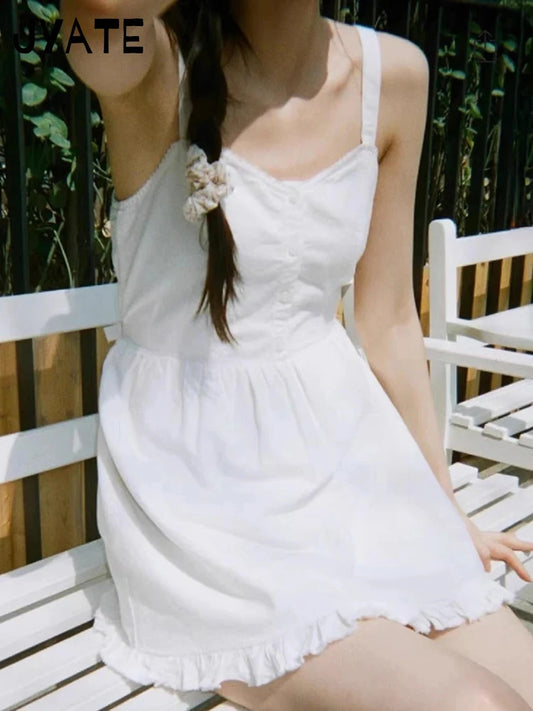 Sweet White Folds Texture Camisole Dress Women Cotton High Quality A-line Vestidos Summer Vintage Chic Slim Y2K Mini Dresses New
