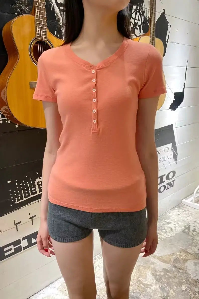 Electric Blue Six Buttons T-shirts Women Summer O-neck Cotton Slim Short Sleeve Tee Tops Female Casual Simple All-match Tshirts