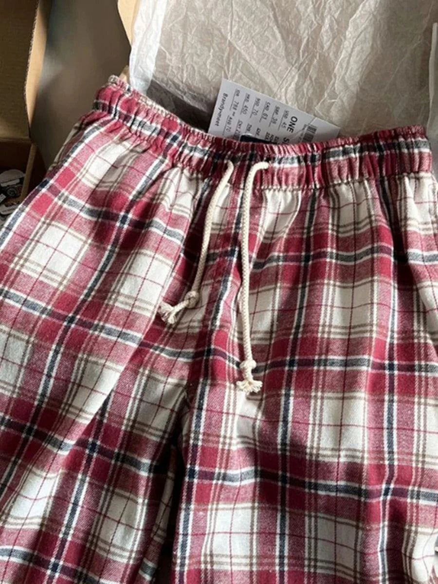Retro Red Plaid Drawstring Straight Pants Women Autumn Cotton Casual Elastic High Waist Pant Vintage Loose Y2K Baggy Sweatpants