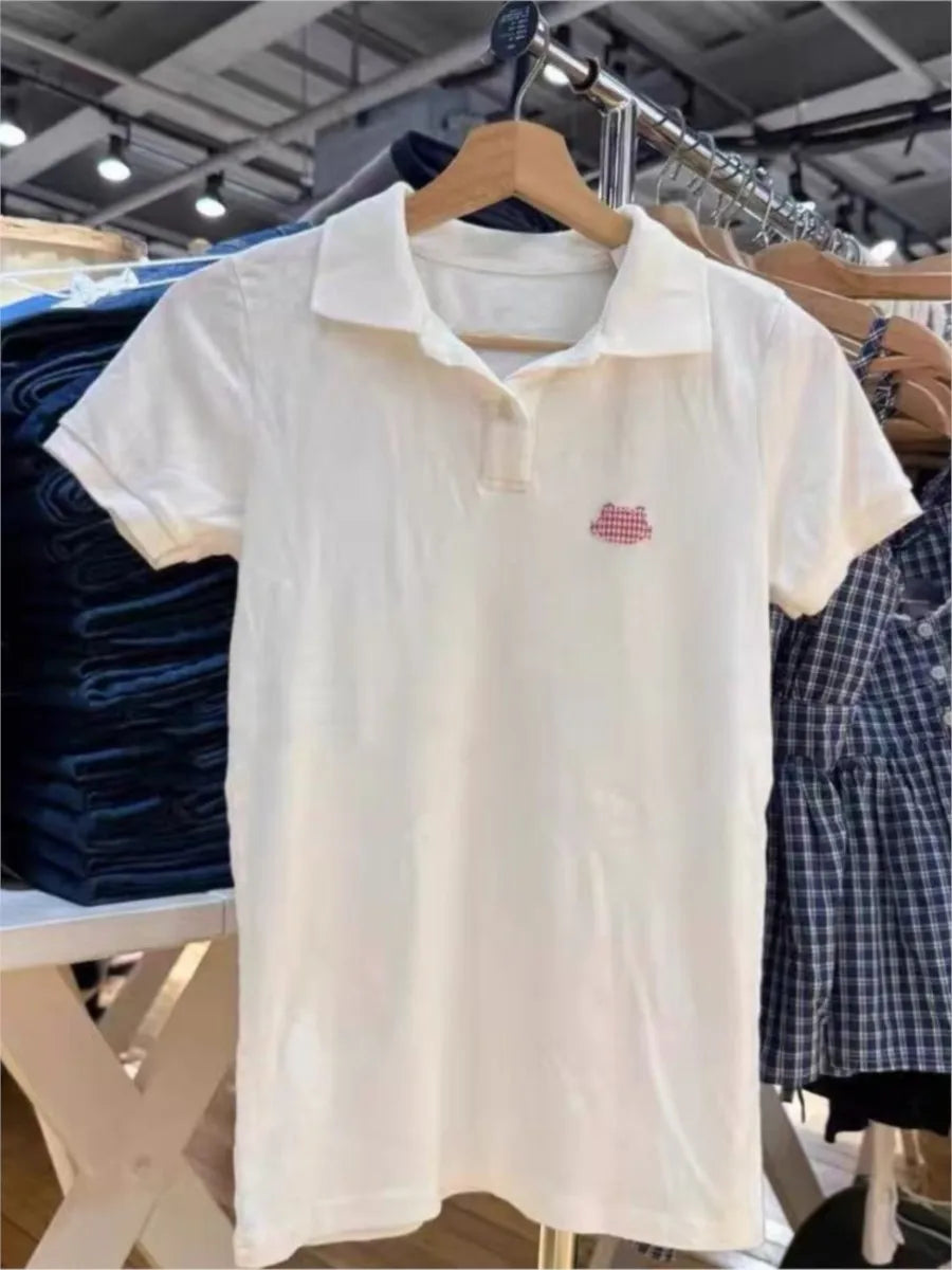 Cute Cat Plaid Polo T-shirt Women Summer New Strweetwear Cotton Turn Down Collar Short Sleeve Tees Sweet Preppy Style T Shirt