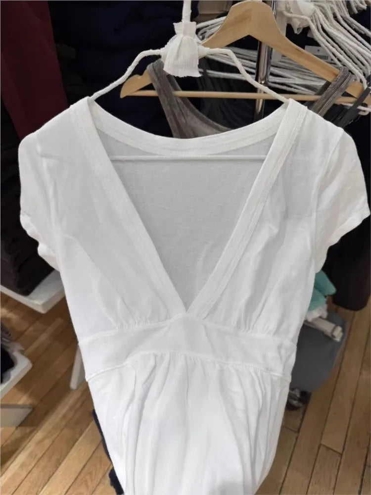 White Fold Long T-shirts Women Summer Sweet Deep V-neck Short Sleeve Slim Tee Shirts Casual Simple All-match Cotton Tshirt y2k