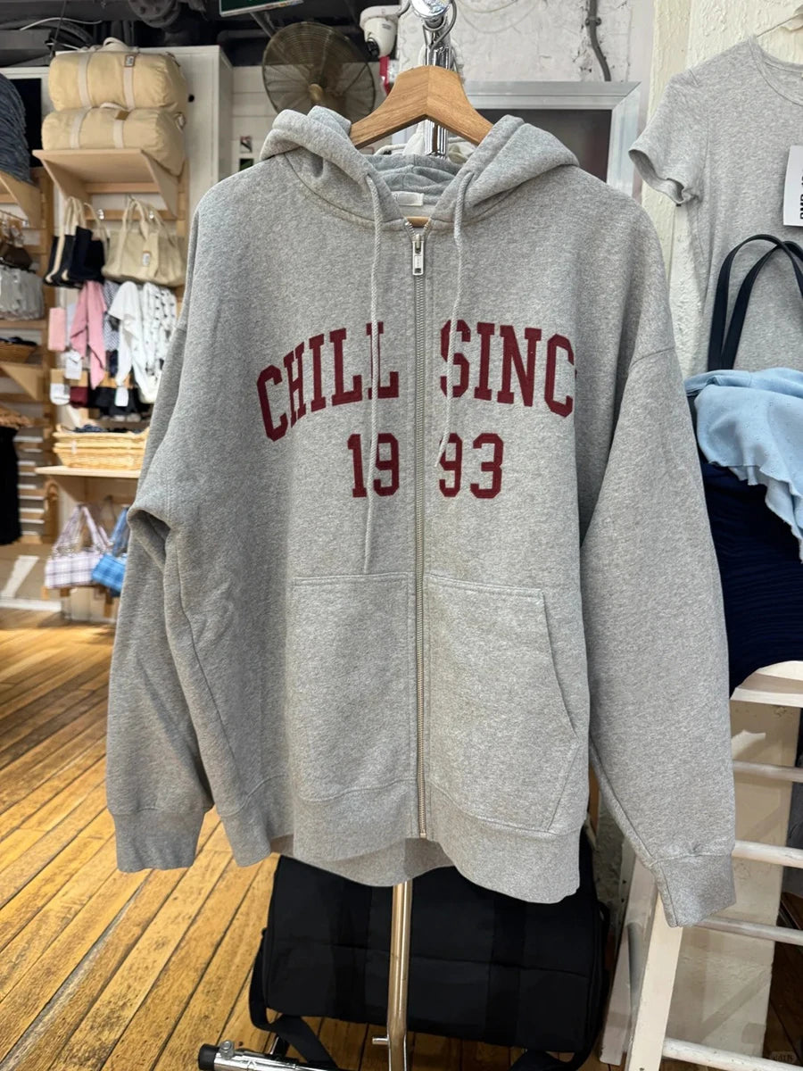 Letter Embroidered Zip-up Hoodies Woman Casual Simple Long Sleeve Oversized Hooded Cotton Sweatshirts Preppy Style Hoodies Tops