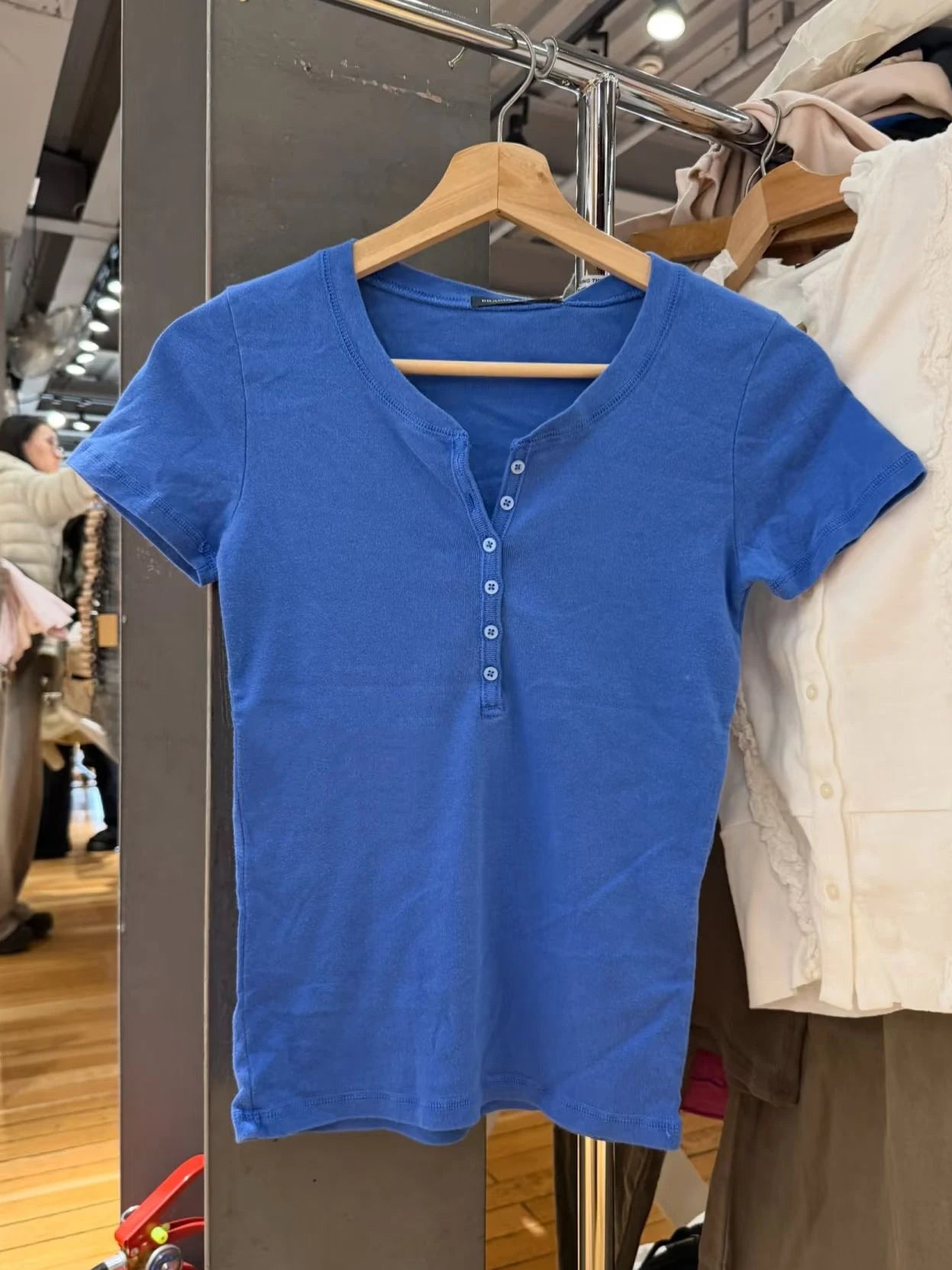 Electric Blue Six Buttons T-shirts Women Summer O-neck Cotton Slim Short Sleeve Tee Tops Female Casual Simple All-match Tshirts