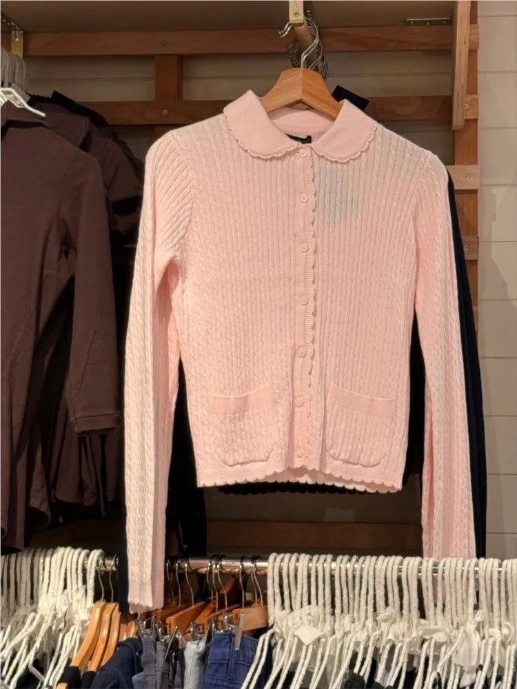 Pink Twist Babydoll Top Cardigan Women Autumn New Lace Trim Collar Cotton Buttons Knitted Jumper Sweet Cute Preppy Style Sweater