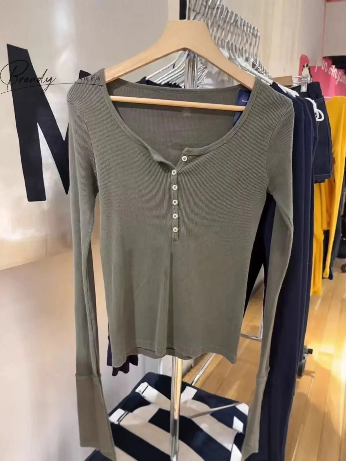 Sweet Blue Ribbed Buttons T-shirt Women Buttons O-Neck Cotton Slim Long Sleeve Tee Cute Vintage Preppy Style T Shirt Y2K Top New