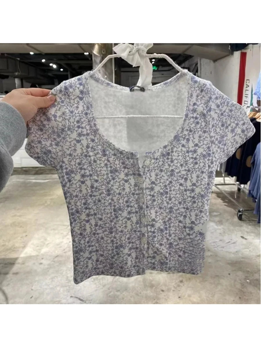 Sweet Floral Print O-neck Cotton Short Sleeve Tee Women New Casual Slim Single-breasted Crop Tops Vintage Cute Chic Y2K T-shirts