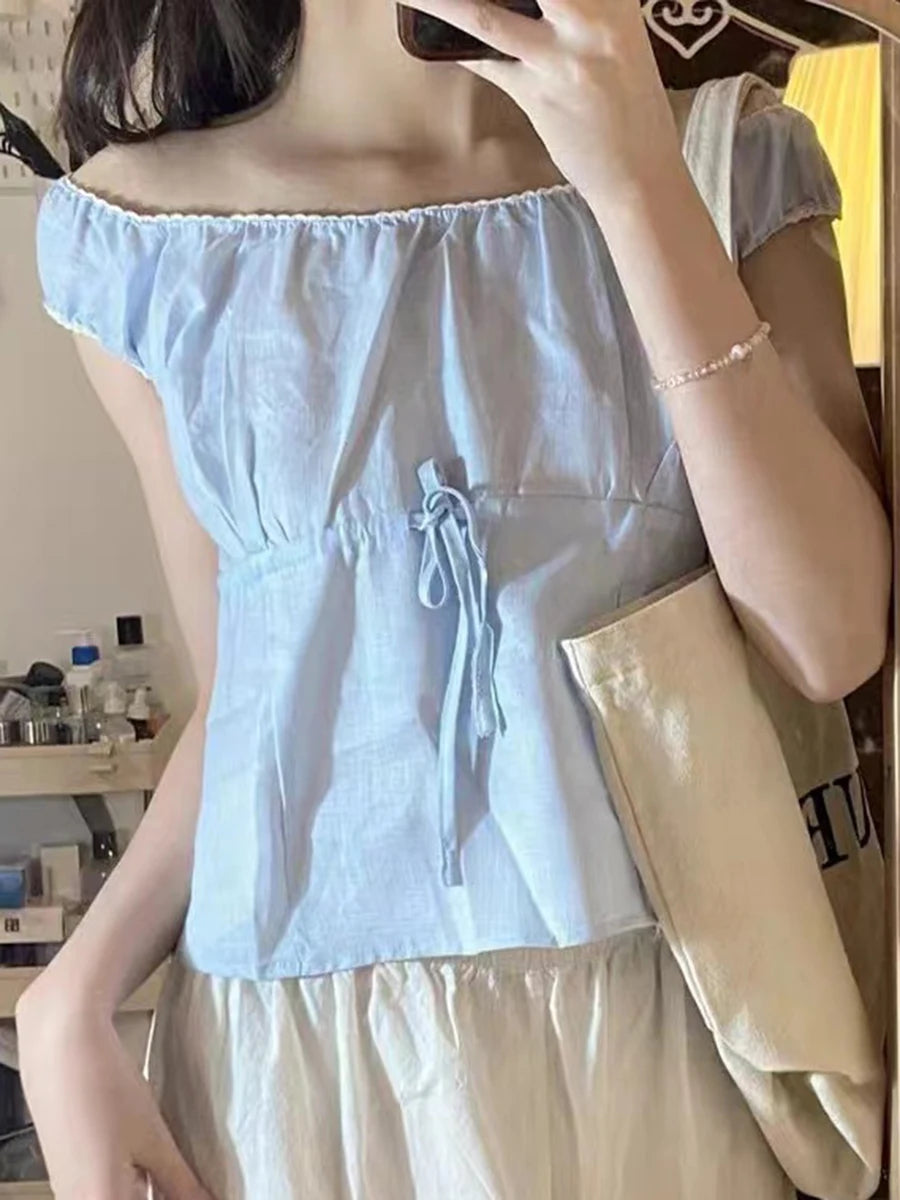 Sweet Blue Lace Slim T-shirts Women Summer Cotton Lace-up Casual Simple Elegant Short Sleeve Tee Fashion Vintage Cute  Crop Tops