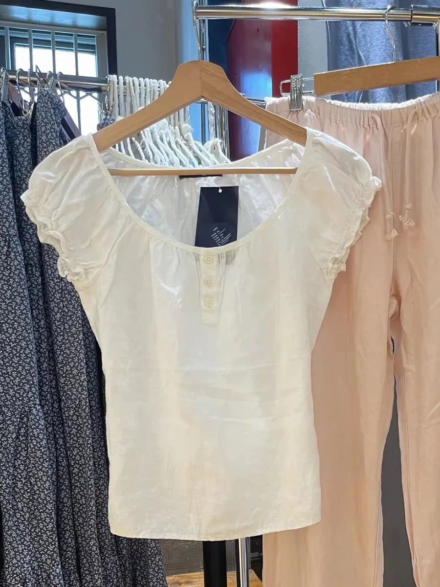 White Lace Trim Short Puff Sleeve Tees Women Summer Cotton Back Lace-up Square Collar T-shirt Blouse Sweet Cute Casual Crop Top