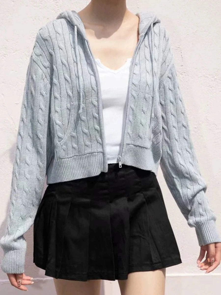 Simple Solid Twisted Flower Knit Cardigan Sweater Women Autumn Long Sleeve Pocket Hooded Zipper Coat Sweet Preppy Style Knitwear