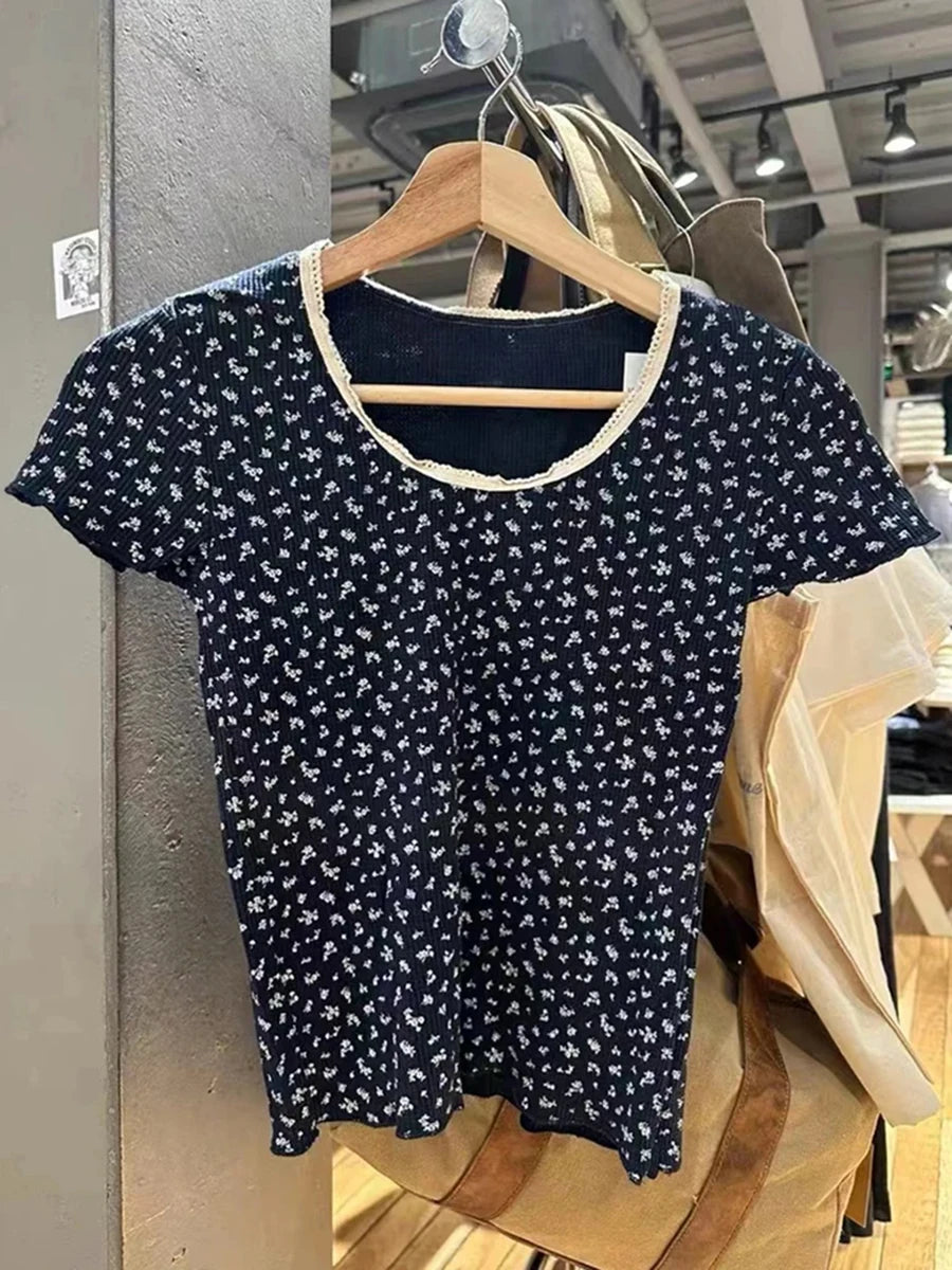 Vintage Floral Print Blue Lace Trim T-shirts Women Summer Waffle Casual Short Sleeve Tee Female Cute Sweet Chic Tops Y2K Clothes