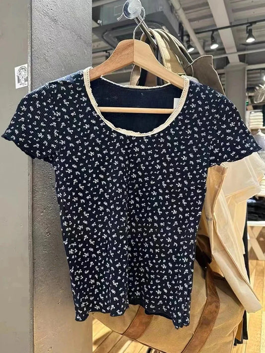 Vintage Floral Print Blue Lace Trim T-shirts Women Summer Waffle Casual Short Sleeve Tee Female Cute Sweet Chic Tops Y2K Clothes