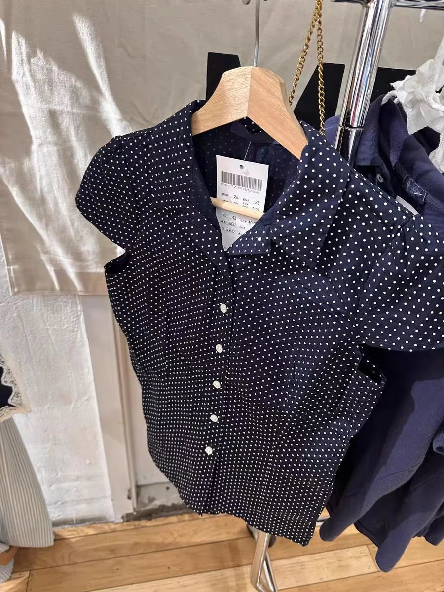 Vintage Navy Polka dot Short Sleeve Tees Women Summer New Casual Turn Down Collar Tops Blouse Retro Preppy Style Y2K T-shirts