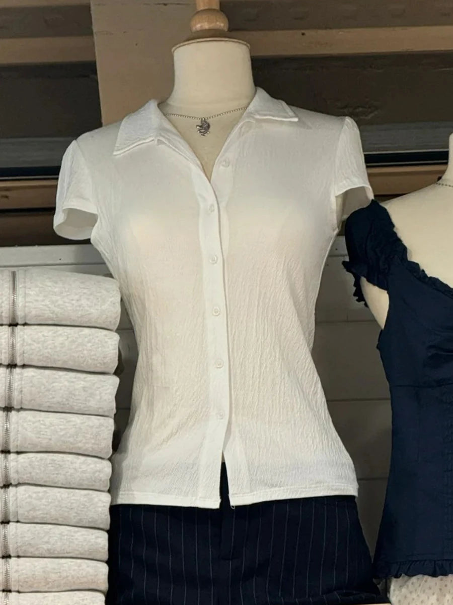 White Buttons Short Sleeve Tees Women Summer Cotton Soft Turn Down Collar Preppy Style Tops Blouse Sweet Chic All-match T-shirts