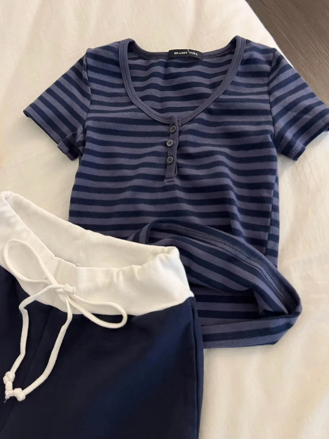 Striped Cotton T-shirt Shorts Outfit Women Navy O-neck Slim Tees +Buttons Straight Sweatshirt Sweet Cute Home 2 Pieces Set Y2K