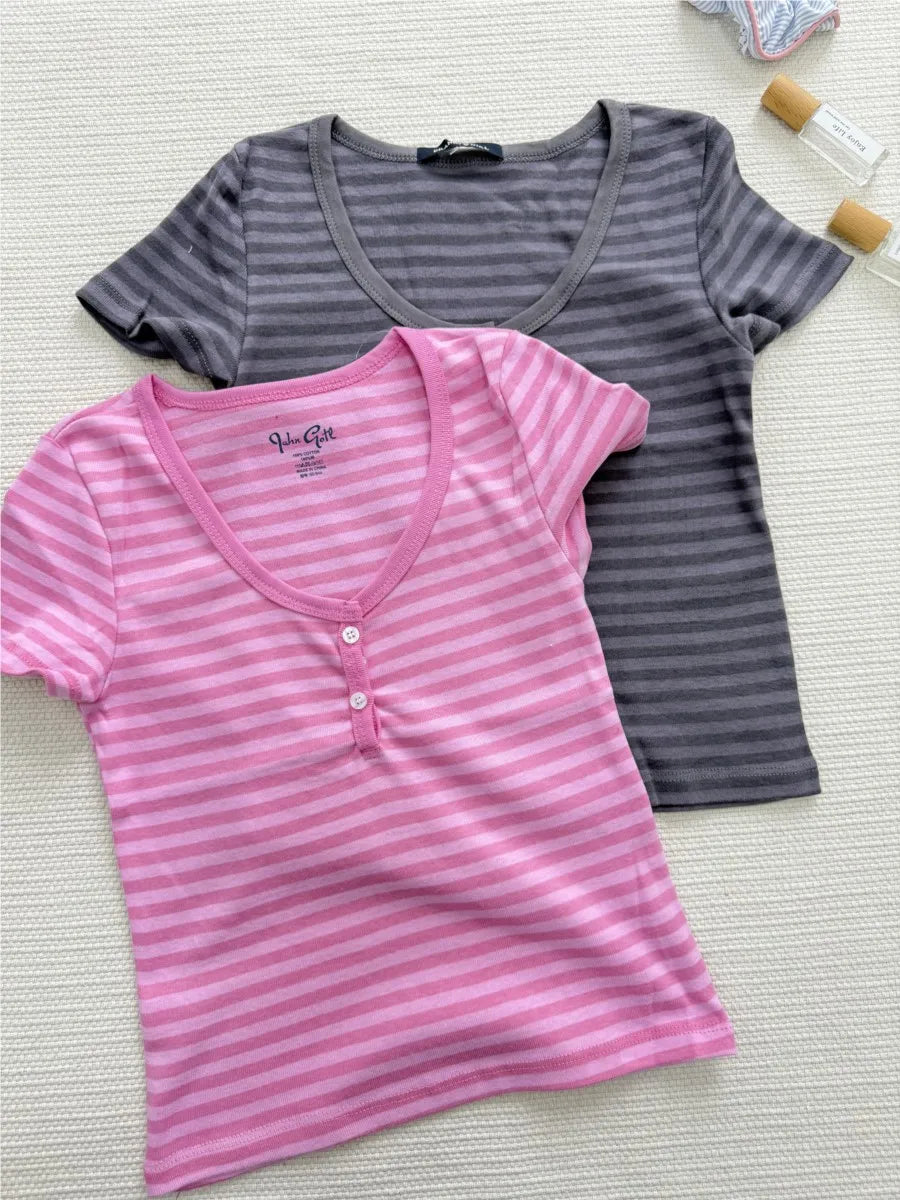 Pink Striped Slim Buttons T-shirts Women New Cotton O-neck Casual Simple Basic Short Sleeve Tees Sweet Cute Girls Tshirt Y2K Top