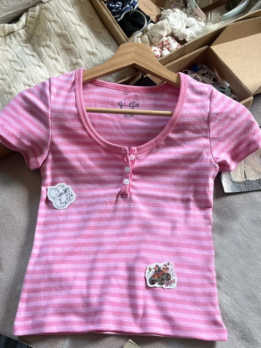 Pink Striped Slim Buttons T-shirts Women New Cotton O-neck Casual Simple Basic Short Sleeve Tees Sweet Cute Girls Tshirt Y2K Top
