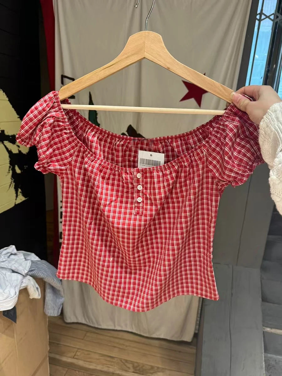 Red Plaid Ruffle Lace-up Cotton Short Sleeve Tees Women Casual Streetwear Button Tops Female Vintage Sweet Cute Y2K T-shirts