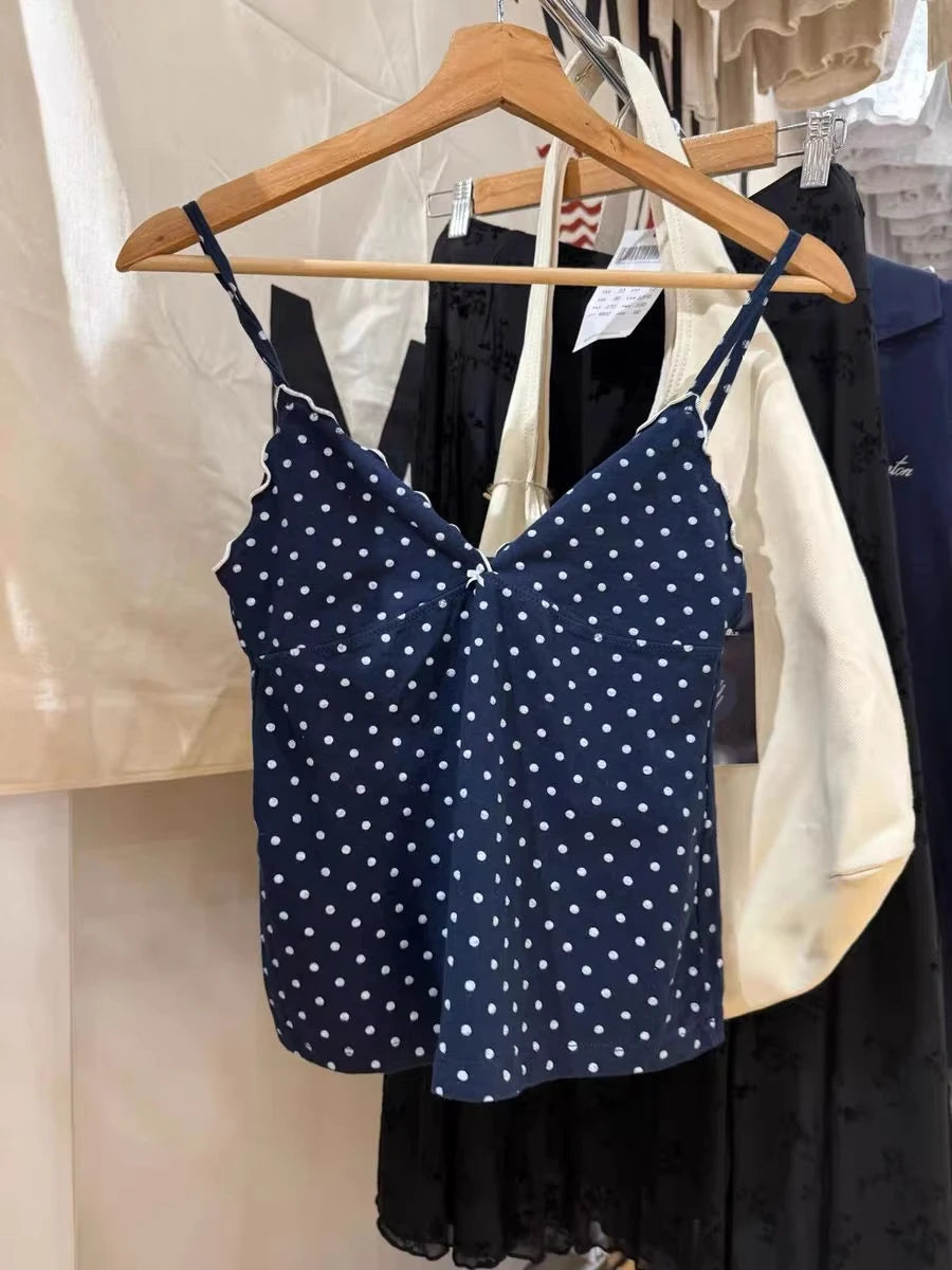 Navy Dot Fungus Trim Bow Tank Tops Women Casual Cotton Slim V-neck Sleeveless Camis Girls Cute Sweet Preppy Style Y2K Crop Top