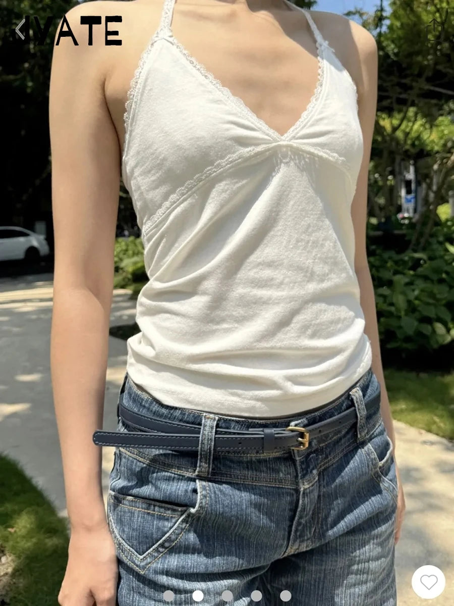 Sweet Lace Trim Halter Tank Tops Woman Summer Cotton Bow Sexy V-neck Slim Casual Cropped Vests Vintage Preppy Style Camisole Y2K
