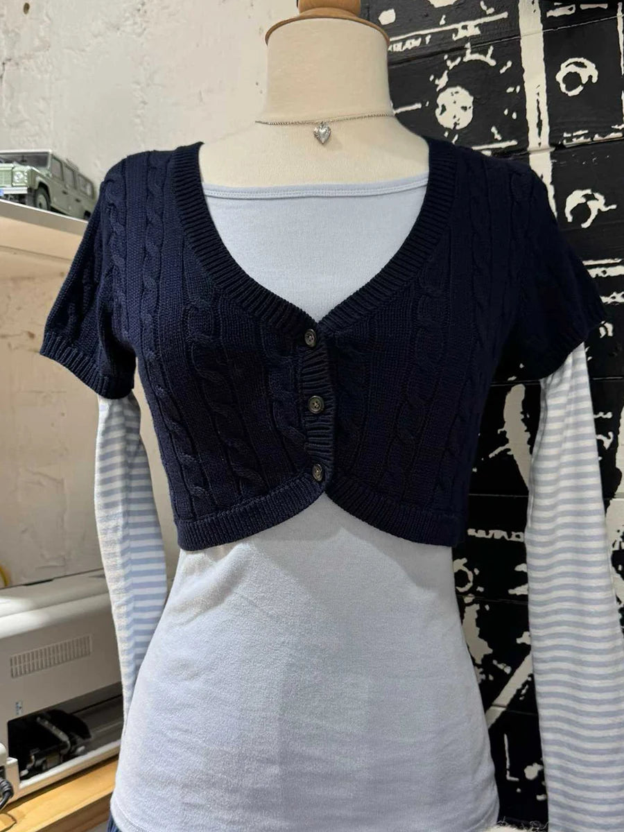 Twist Flower Cropped Cardigan Woman V-neck Single Breasted Short Sleeve Knitted Crop Tops Autumn Sweet Cotton Knitwear y2k
