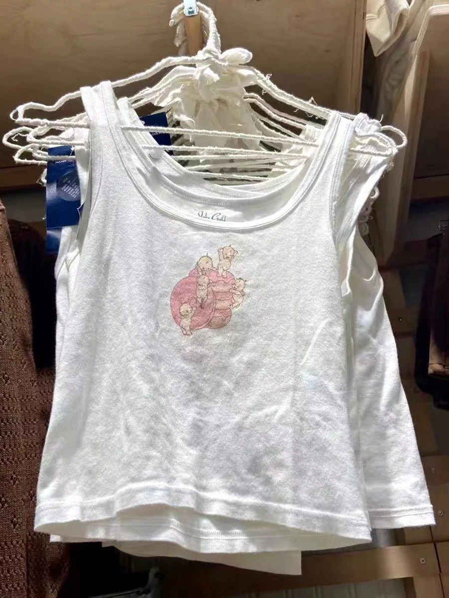 Sweet Angel Print Slim Crop Vests Women Cotton Casual Streetwear Chic Sleeveless Tank Tops Female Cute Chic Vintage Y2K Camisole