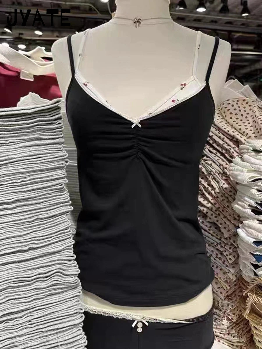 Lace Trim V-neck Folds Camisole Women Summer New Black Cotton Slim Bow Cropped Sleeveless Vests Vintage Sexy Sweet Tank Tops Y2K