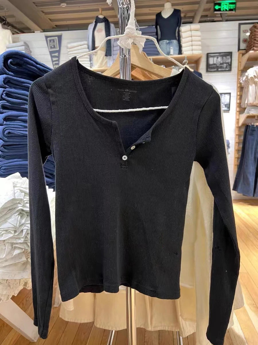 Buttons Ribbed Long Sleeve T-shirts Women Spring Soft Cotton Round Neck Vintage Top Female Solid Simple Y2k Streetwear Tees 2023