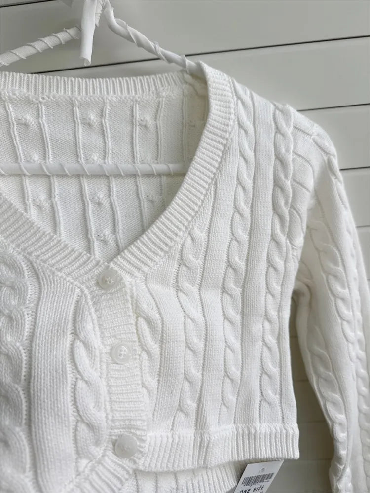 White Cable Knit Cropped Cardigan Women Sexy Chic V-neck Slim Long Sleeve Sweaters Vintage Preppy Style Knitwear Y2K