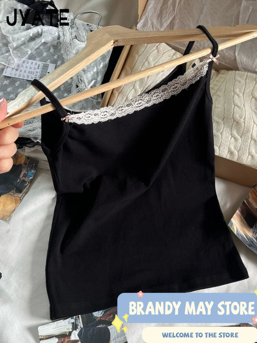 Harajuku Black Patchwork Lace Trim Camisole Women New Cotton Casual Slim Bow Sleeveless Vests Vintage Chic Preppy Style Tank Top